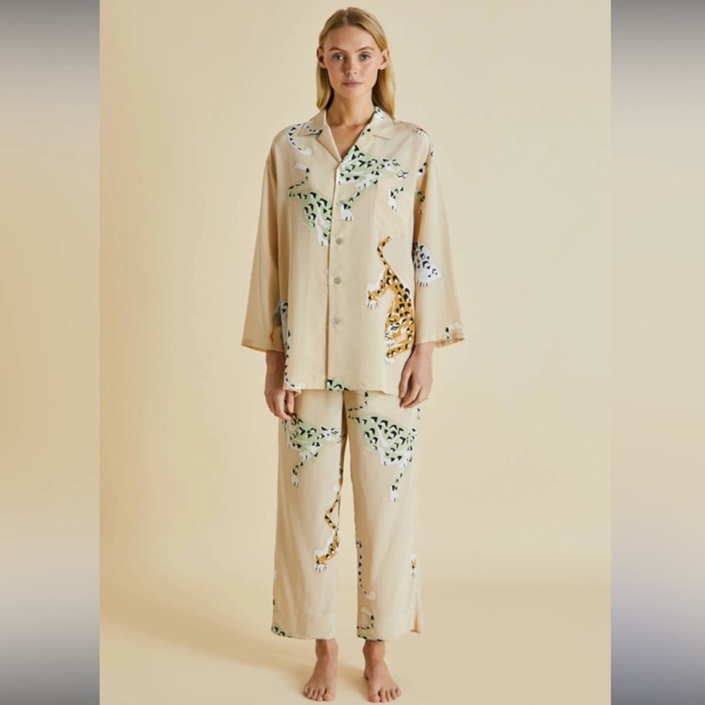 NEW Olivia Von Halle Casablanca Cato Silk Crepe De Chine Pajama Set Womens Small